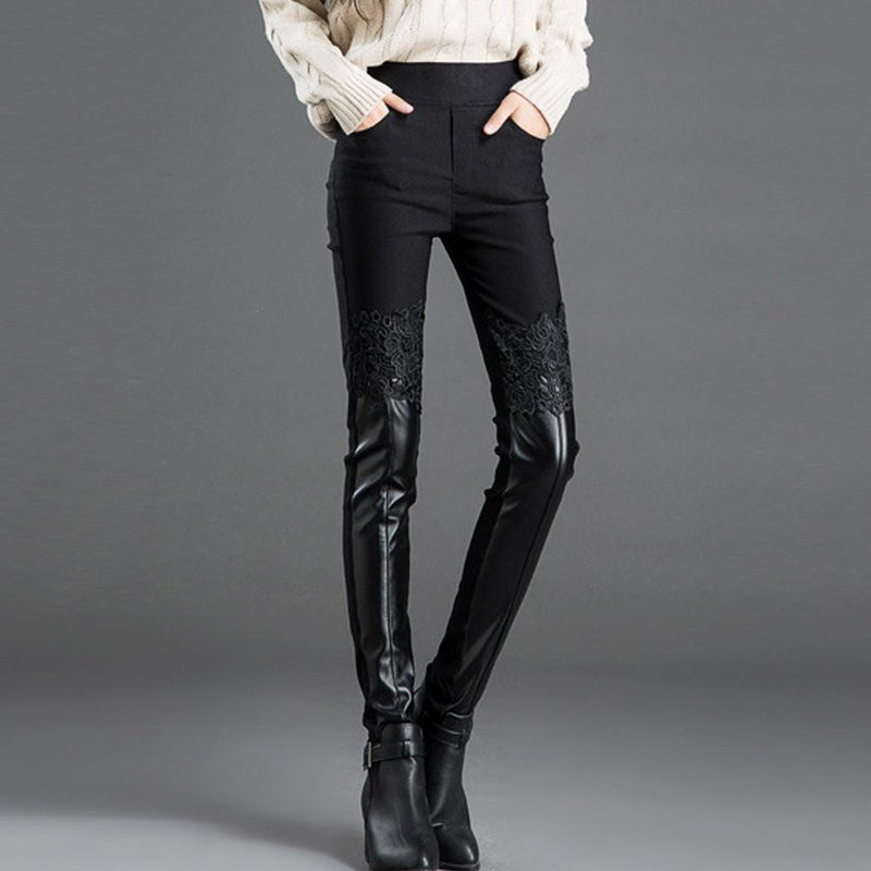 Pantalon Skinny Fit en Cuir avec Dentelle pour Femmes