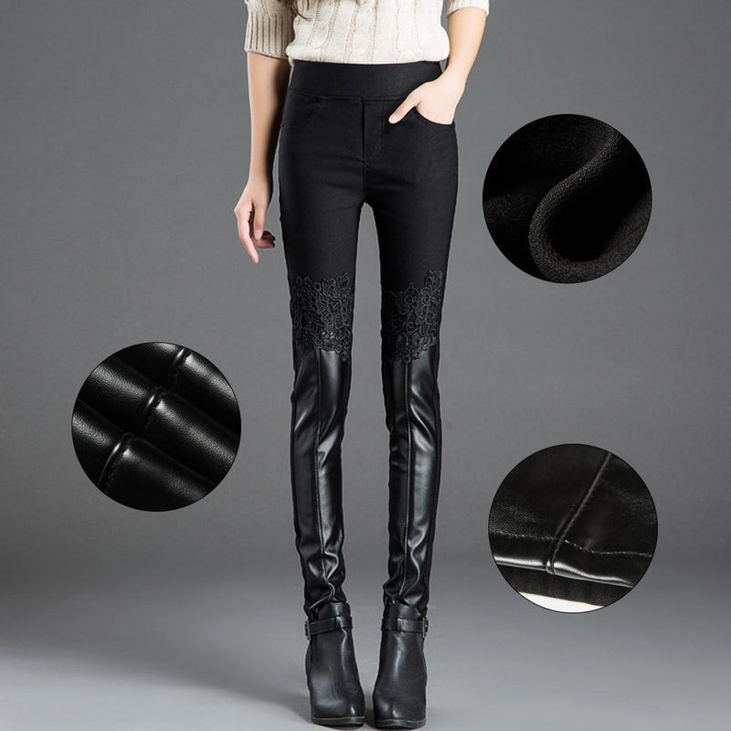 Pantalon Skinny Fit en Cuir avec Dentelle pour Femmes